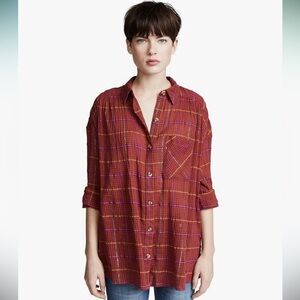 Free People Women's Cotton Blend Oversized Long Sleeve Button Down Top Small